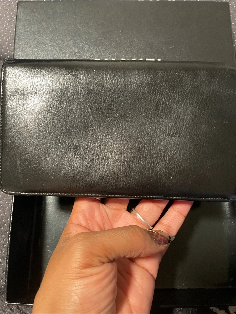 Authentic CHANEL Black Leather Long Wallet with Silver CC Emblem